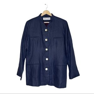 ADOLFO Studio VTG 100% Linen Navy Blue Button Closure High Neck Blazer Size 8